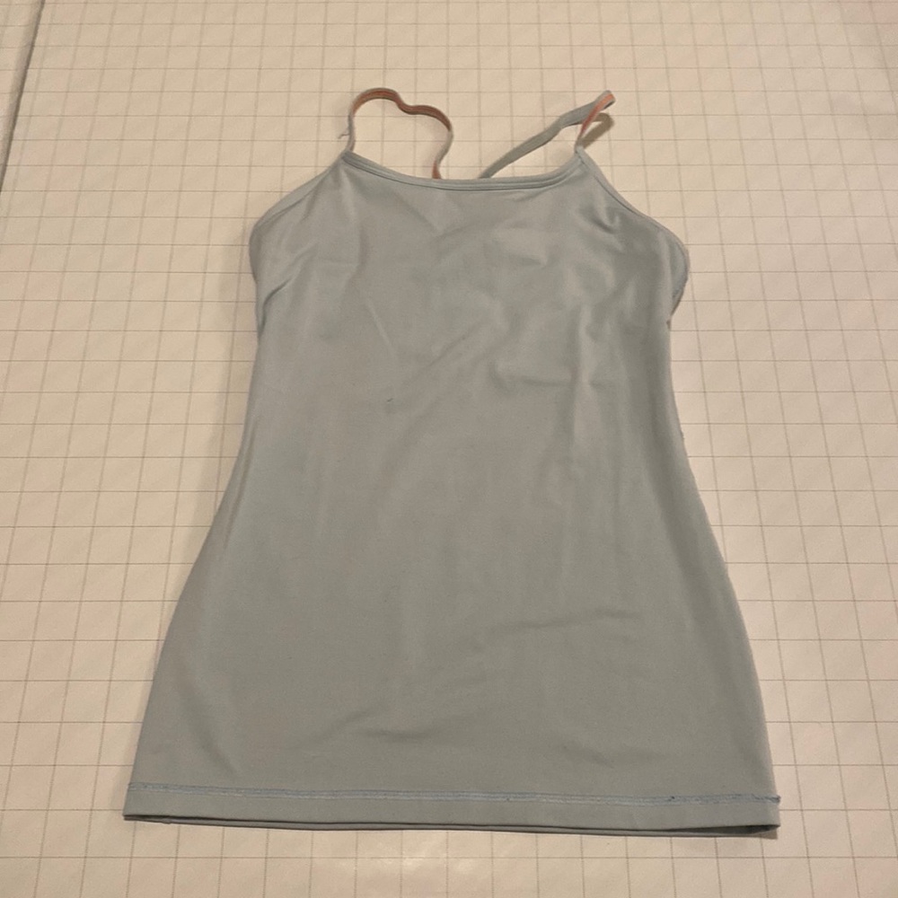 Pale blue spaghetti strap athletic tank, coral hemming